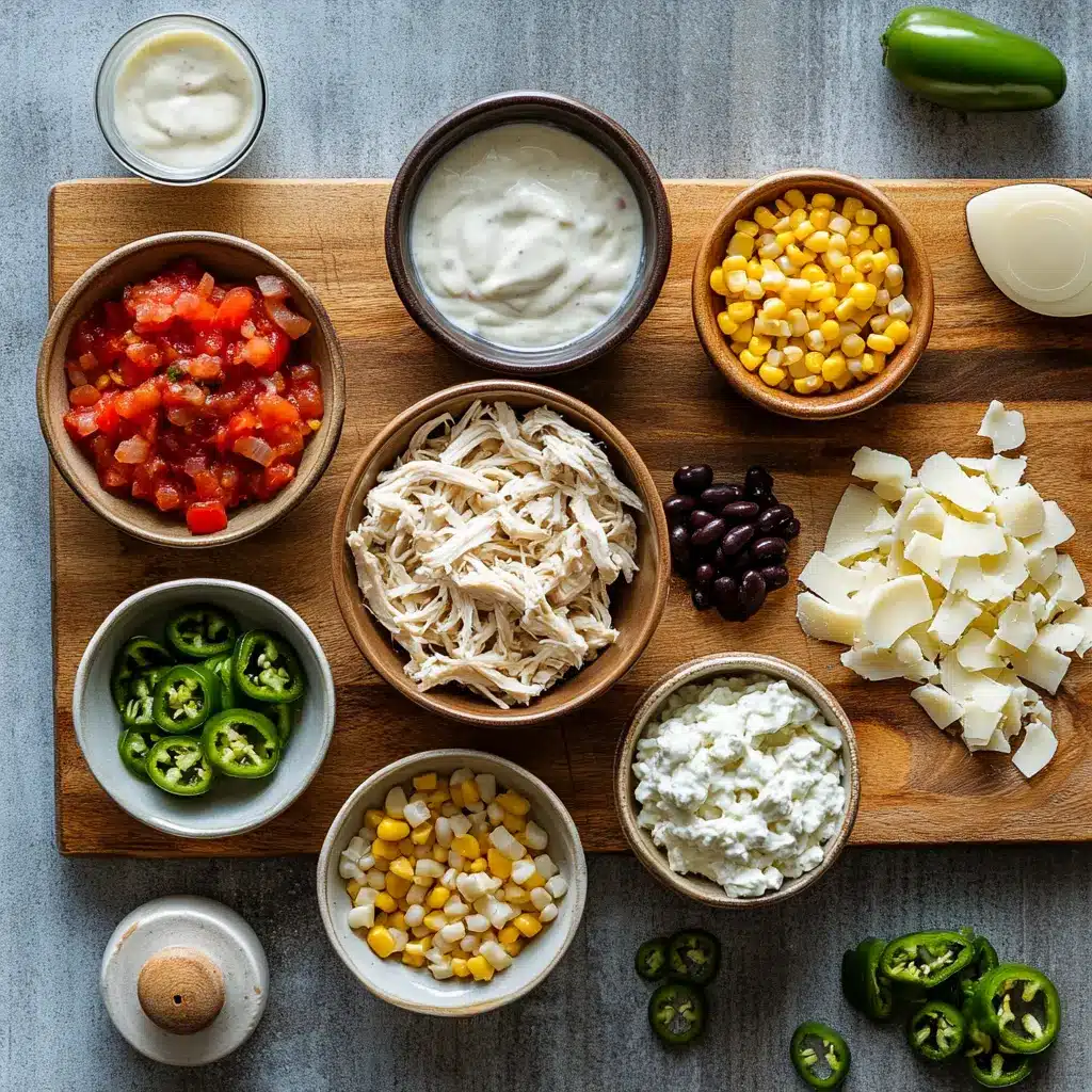 Arrangement of fresh ingredients for Instant Pot White Chicken Chili, including raw chicken breasts, white and black beans, corn, diced jalapeños, cream cheese, and spices.