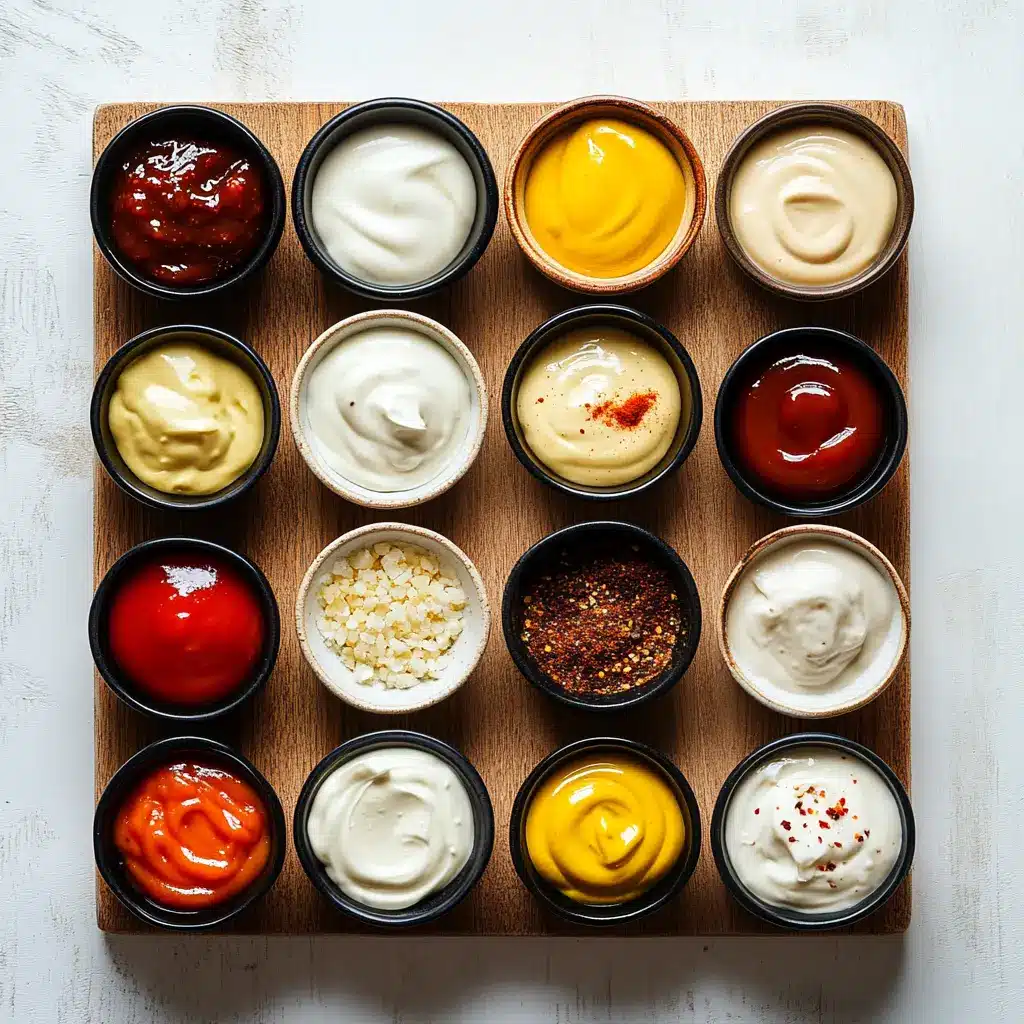 A spread of fresh ingredients for smash burger sauce: mayonnaise, ketchup, mustard, Worcestershire sauce, garlic powder, and smoked paprika.
