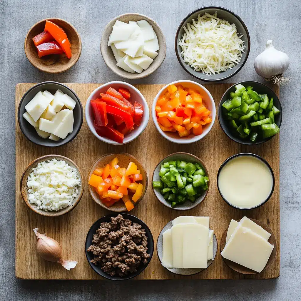 Arrangement of fresh ingredients for Low Carb Philly Cheesesteak Casserole, including ground beef, bell peppers, onions, and cheese
