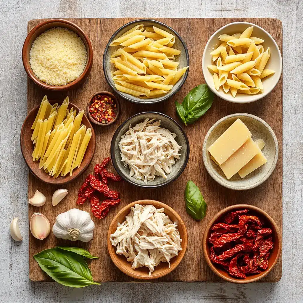 A flat lay photograph showcasing all the fresh ingredients for MARRY ME CHICKEN PASTA RECIPE, including chicken breast, pasta, cream, sun-dried tomatoes, and herbs.