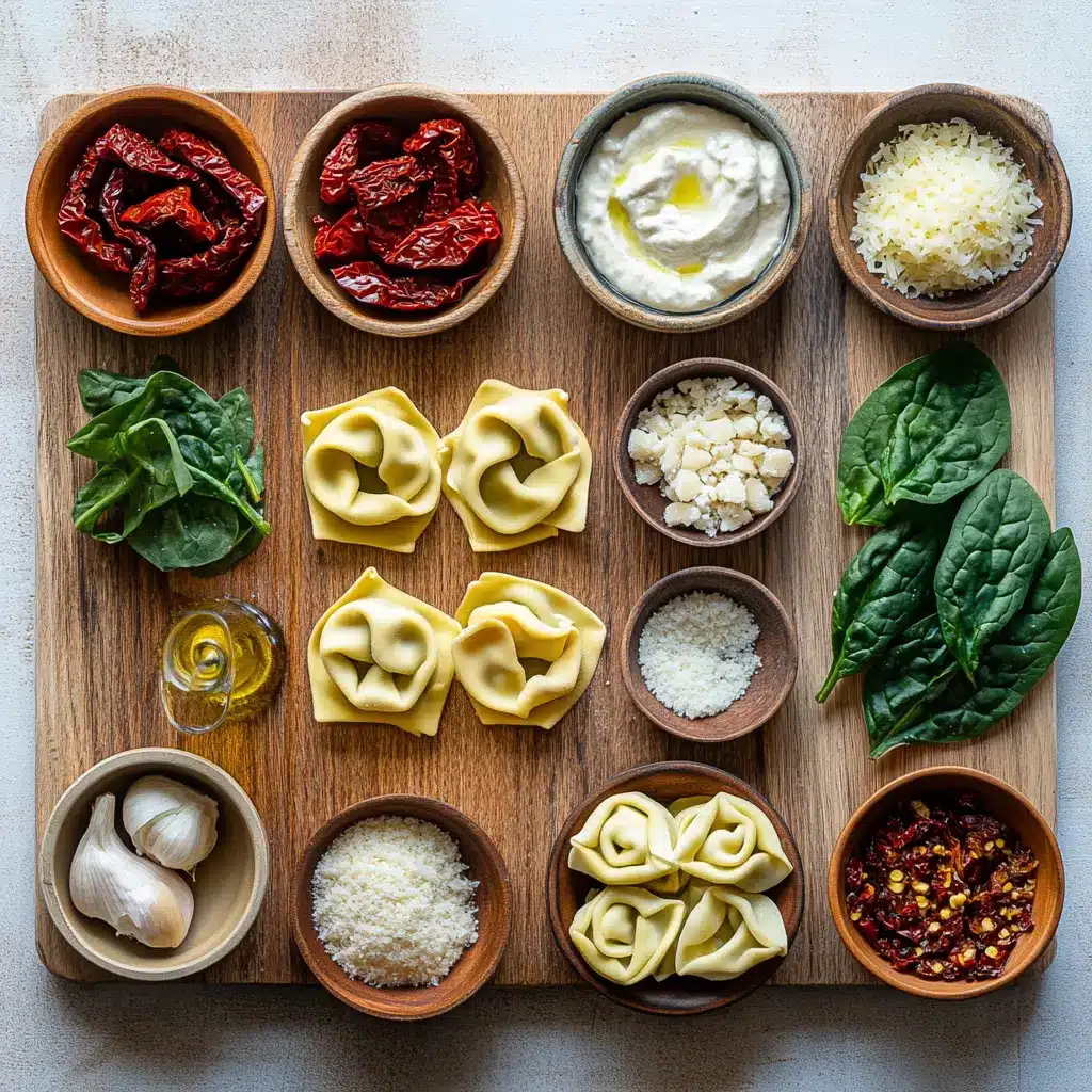 Overhead shot of creamy Marry Me Tortellini in a pan, garnished with fresh basil