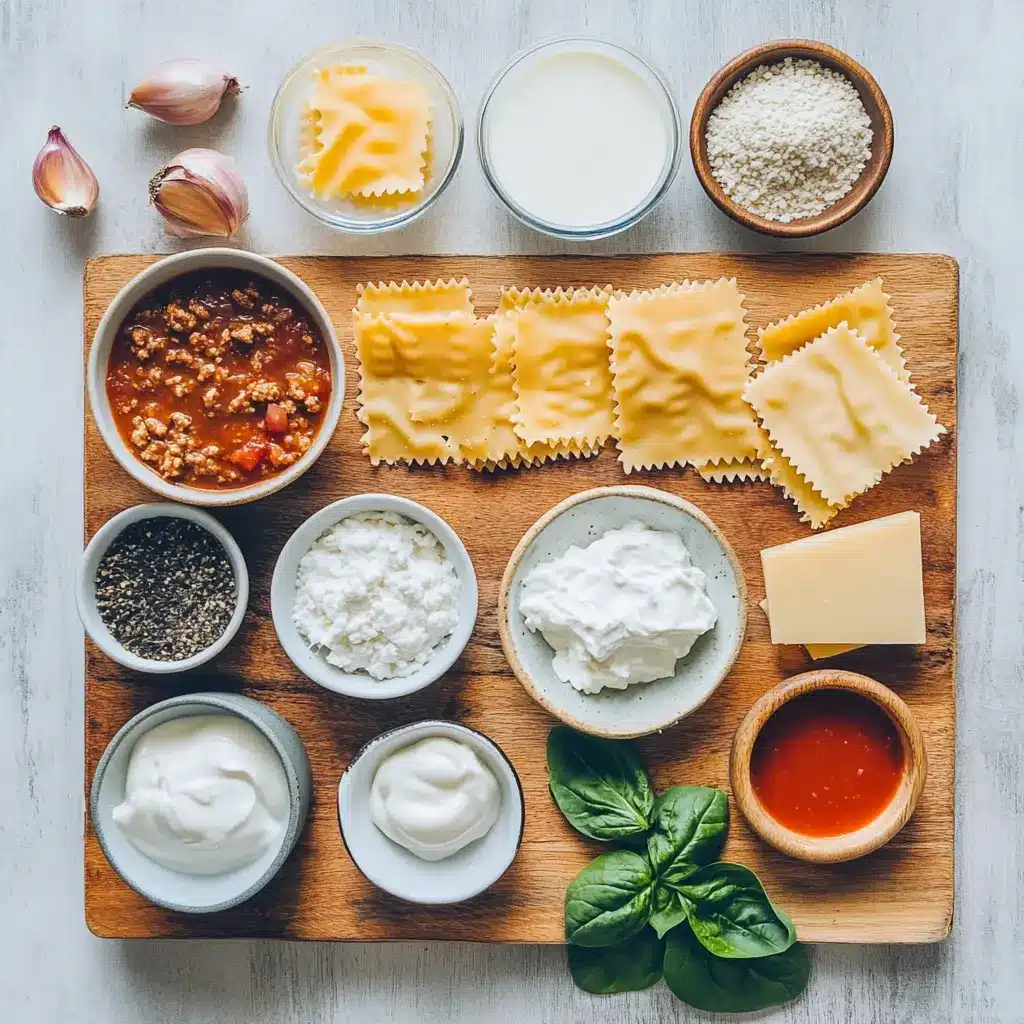 A vibrant overhead shot of fresh ingredients laid out for Mouthwatering One Pot Lasagna Soup, including ground beef, lasagna noodles, tomatoes, ricotta, mozzarella, spinach, and herbs.
