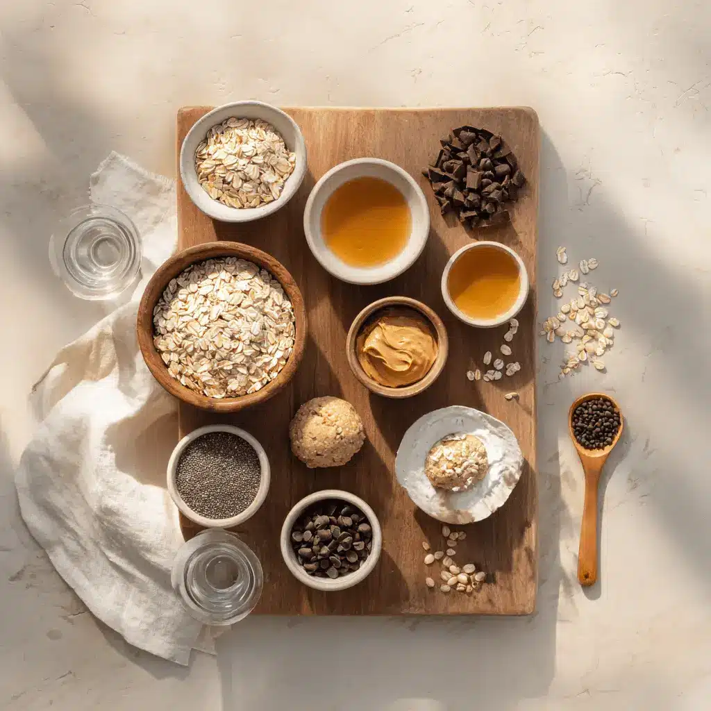 A flat lay photograph showcasing the key ingredients for No Bake Protein Balls, including creamy peanut butter, rolled oats, vanilla protein powder, mini chocolate chips, and honey, neatly arranged on a light surface.