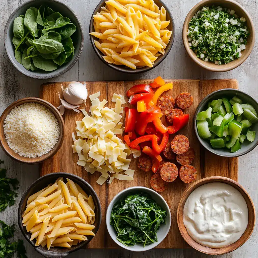 Overhead shot of ingredients for One Pot Creamy Cajun Sausage Pasta, including sausage, pasta, cream, and vegetables, neatly arranged on a wooden board.