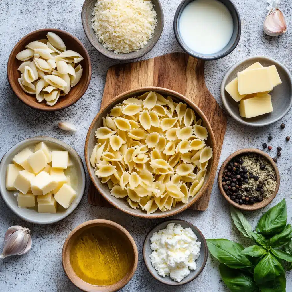A rustic cast-iron pot filled with creamy garlic pasta, garnished with fresh parsley and a sprinkle of Parmesan, ready to serve.
