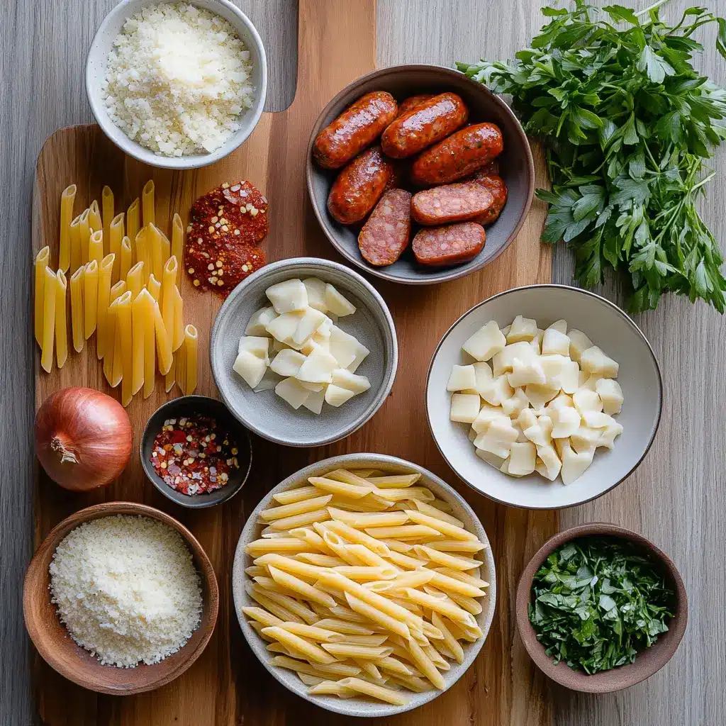 ONE POT KIELBASA PASTA centered hero view with ingredients, clean and uncluttered