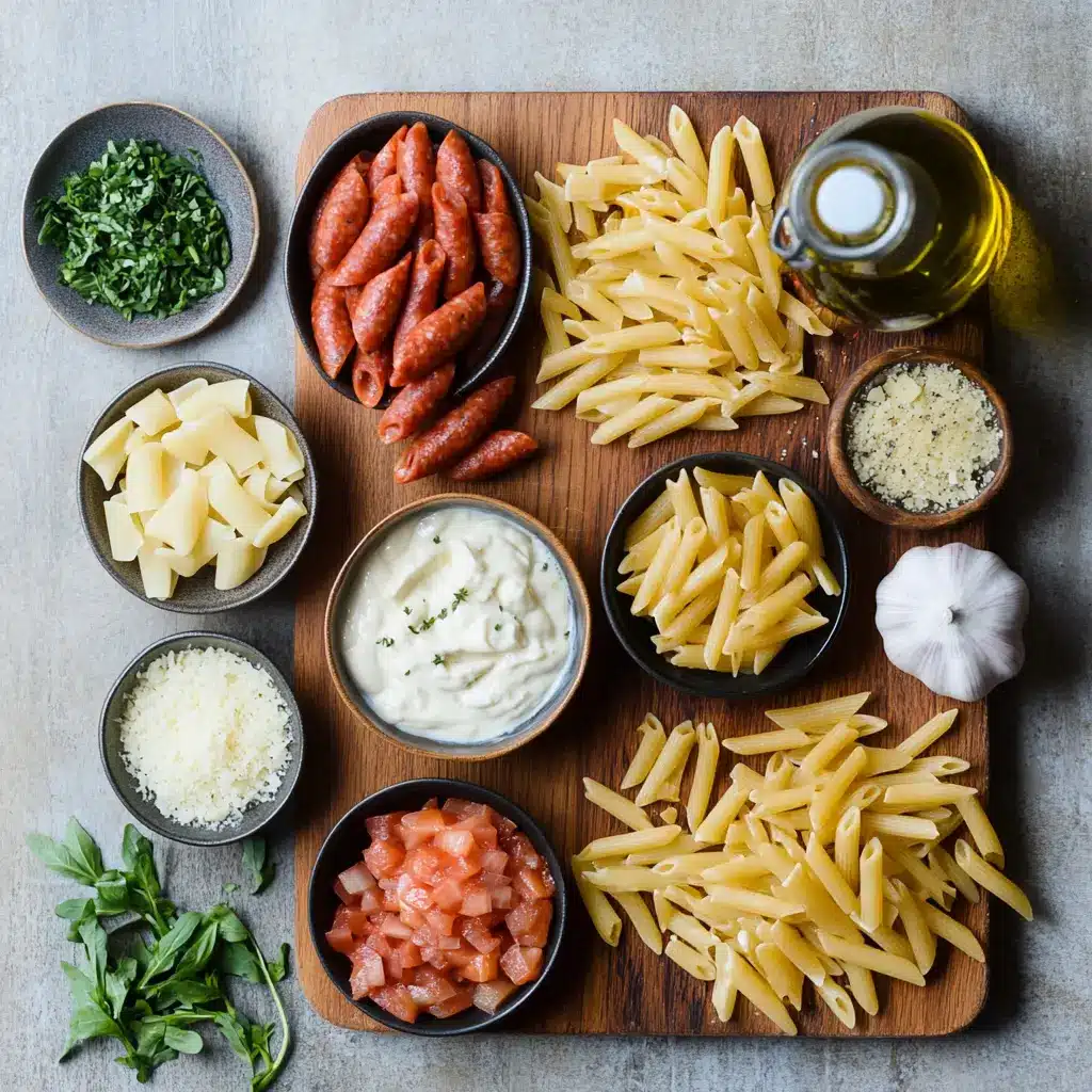 A rich and creamy One Pot Kielbasa Pasta dish, garnished with fresh parsley, served in a skillet.
