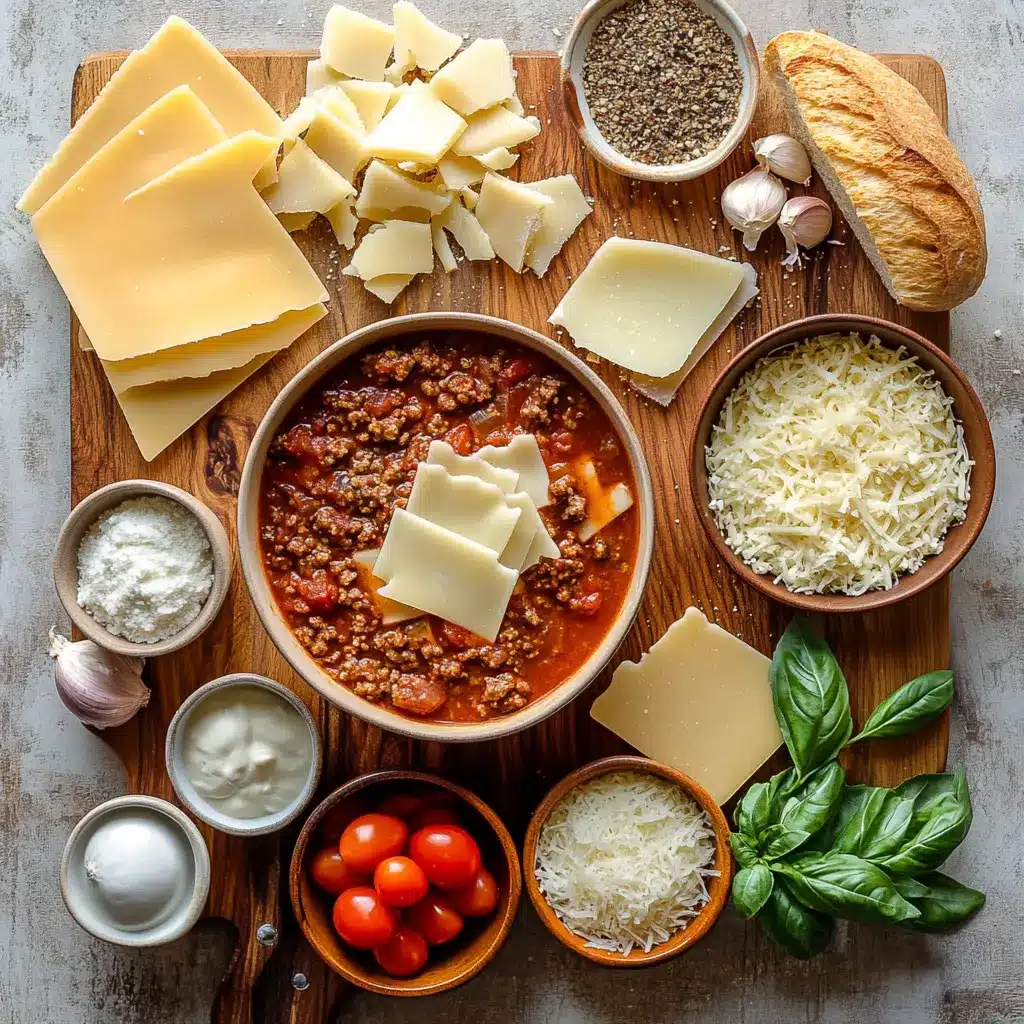 ONE POT LASAGNA SOUP centered hero view, clean and uncluttered