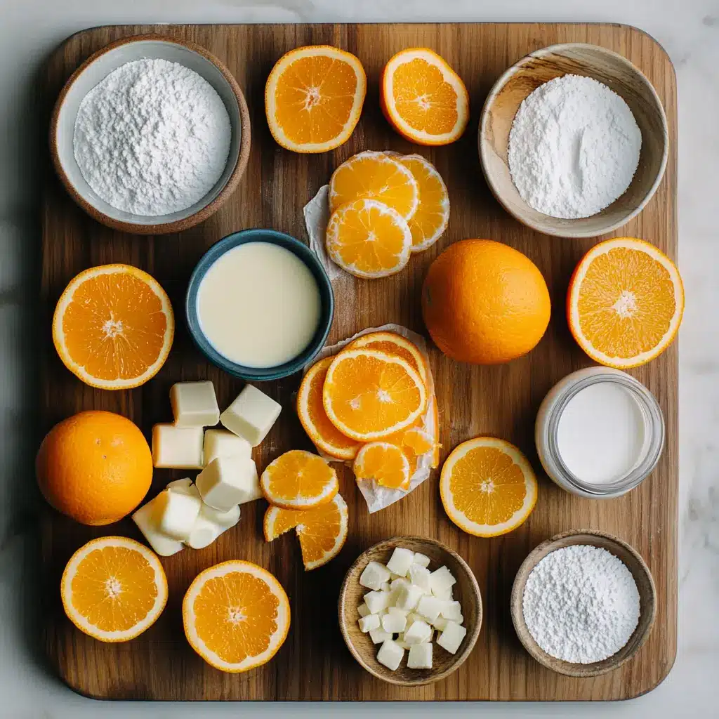 Arrangement of ingredients for Orange Creamsicle Cake: fresh oranges, flour, butter, sugar, and eggs