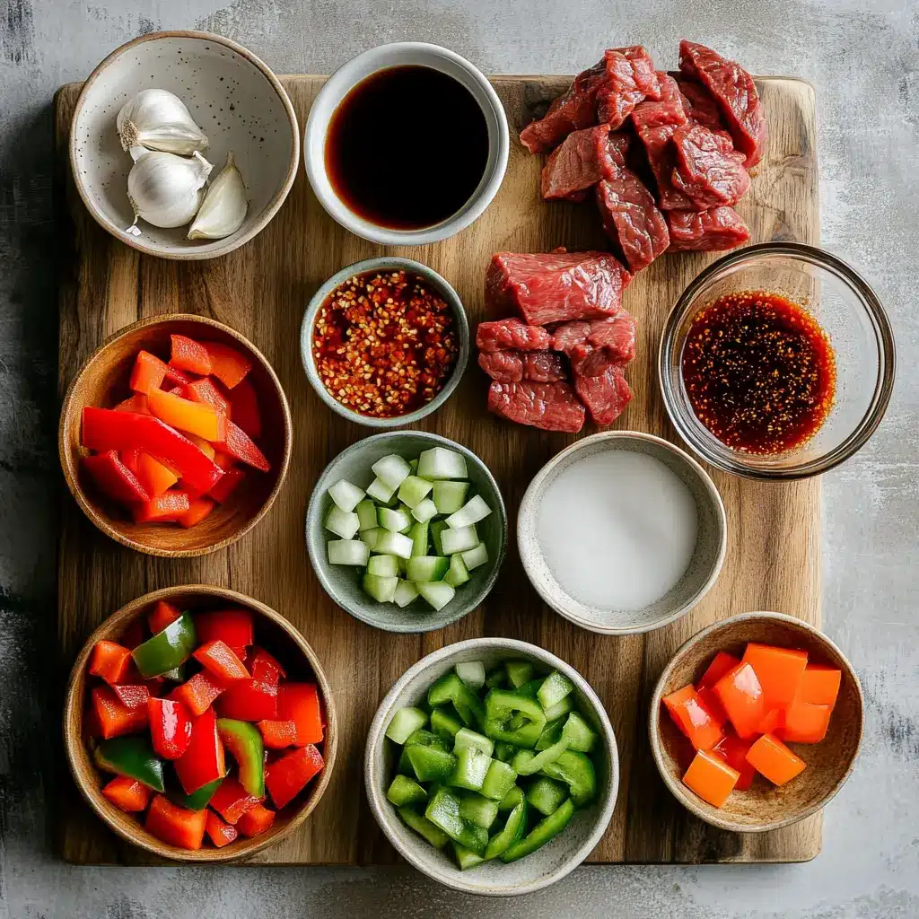 PEPPER STEAK RECIPE centered hero view, clean and uncluttered