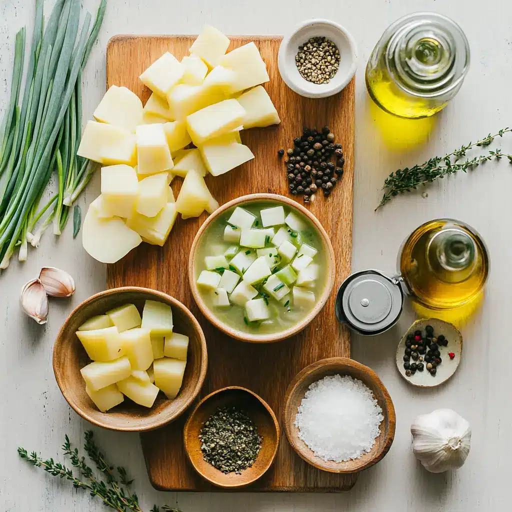 Creamy potato leek soup in a rustic bowl, garnished with fresh chives, next to ingredients like leeks and potatoes.