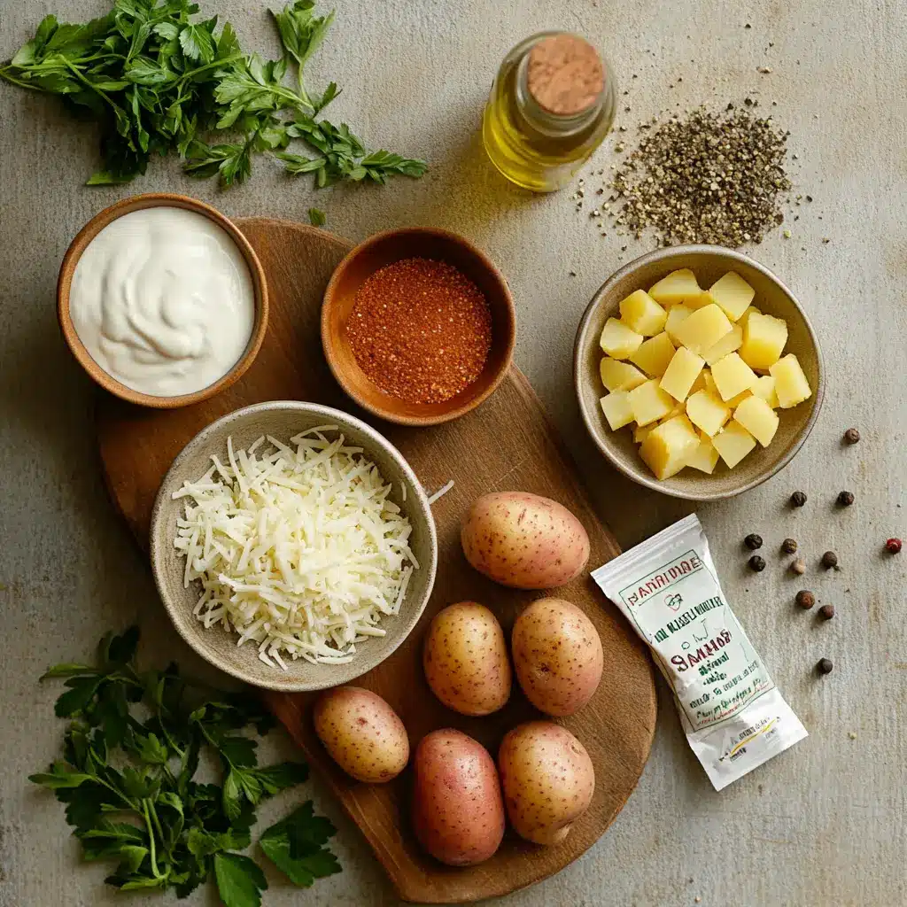 Assortment of key ingredients for potatoes and smoked sausage skillet, including baby potatoes, sliced smoked sausage, ranch seasoning, and cheddar cheese.