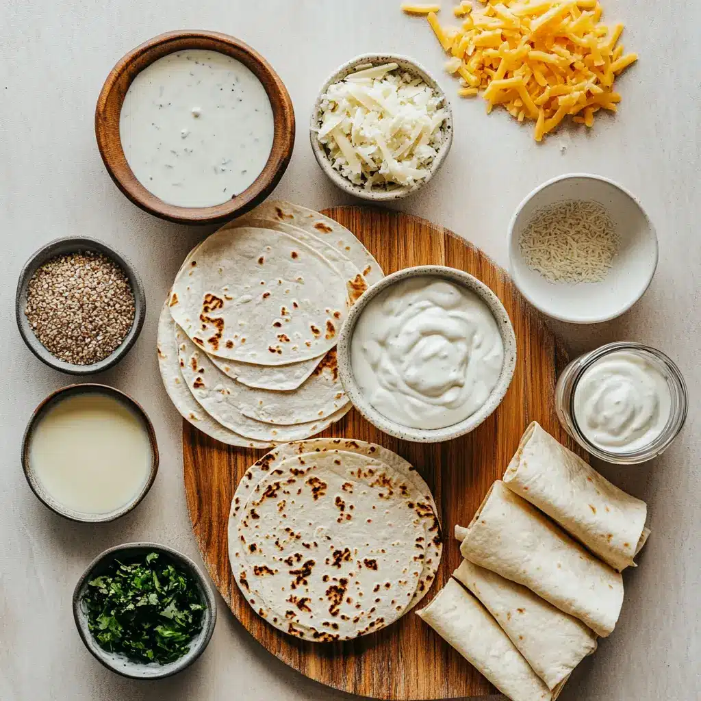 Overhead view of cheesy Protein Chicken Enchiladas with a creamy white sauce, garnished with fresh cilantro in a baking dish.