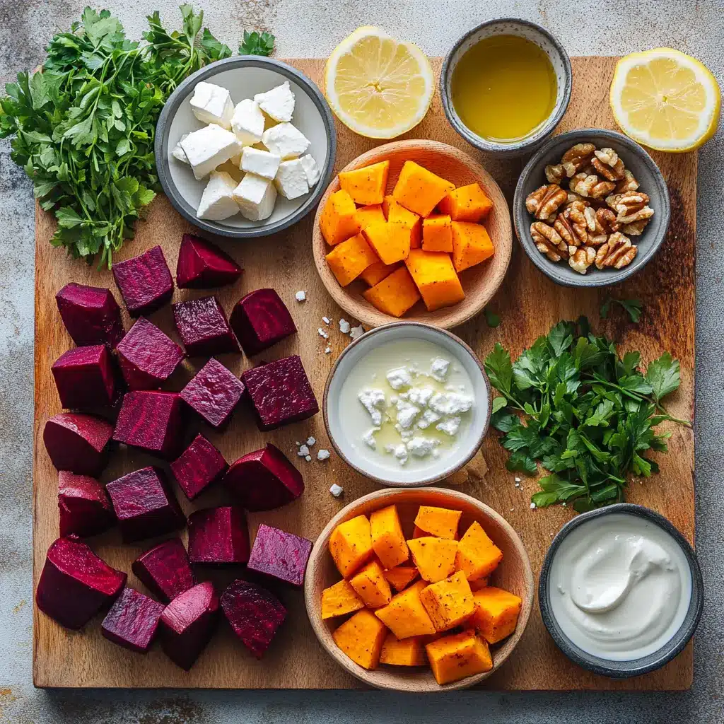 ROASTED BEET AND SWEET POTATO SALAD WITH FETA centered hero view, clean and uncluttered