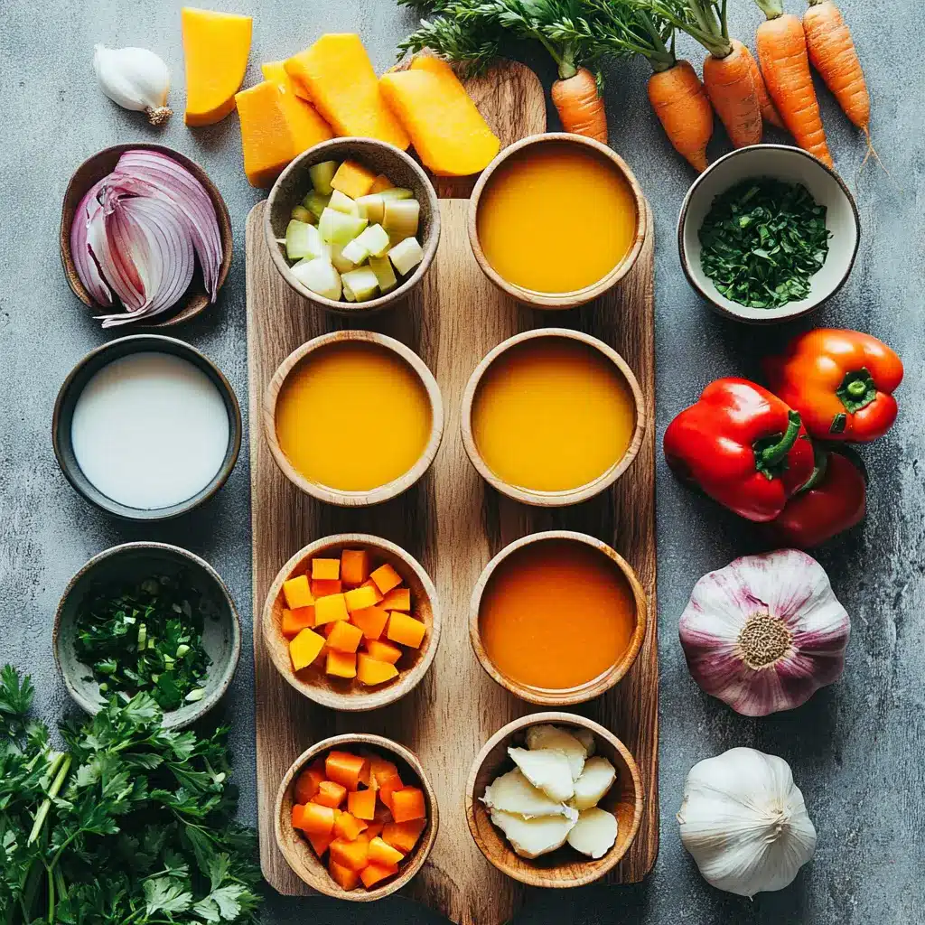 A vibrant bowl of roasted butternut squash soup, garnished with fresh herbs and a swirl of coconut cream, presented beautifully.