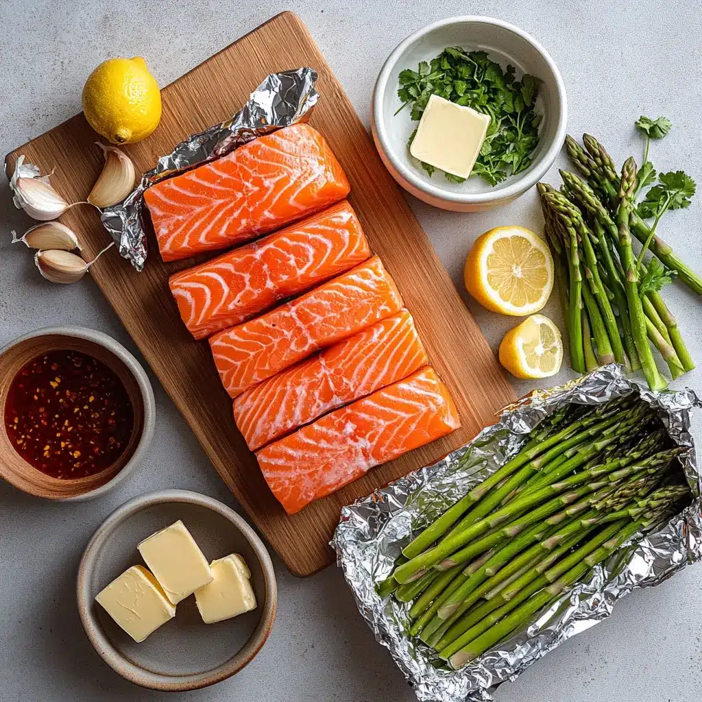 Ingredients for Salmon and Asparagus Foil Packs, clearly arranged