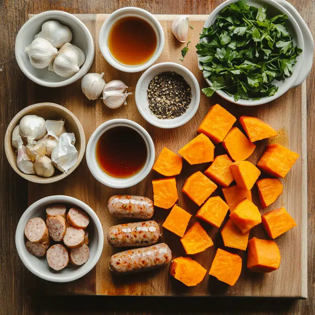 SAUSAGE AND SWEET POTATOES WITH HONEY GARLIC SAUCE centered hero view, clean and uncluttered