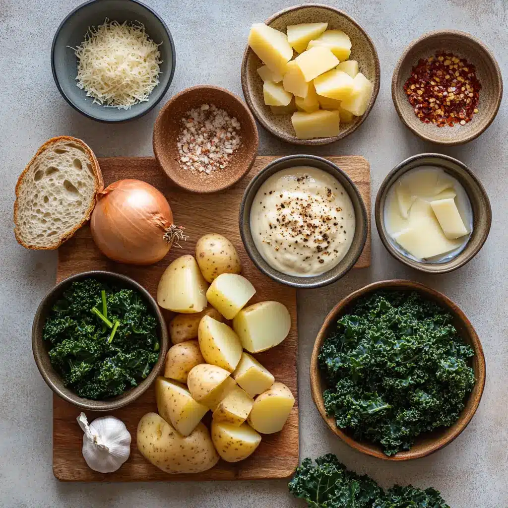 Fresh ingredients for Sausage Potato and Kale Soup, including Italian sausage, potatoes, kale, and broth