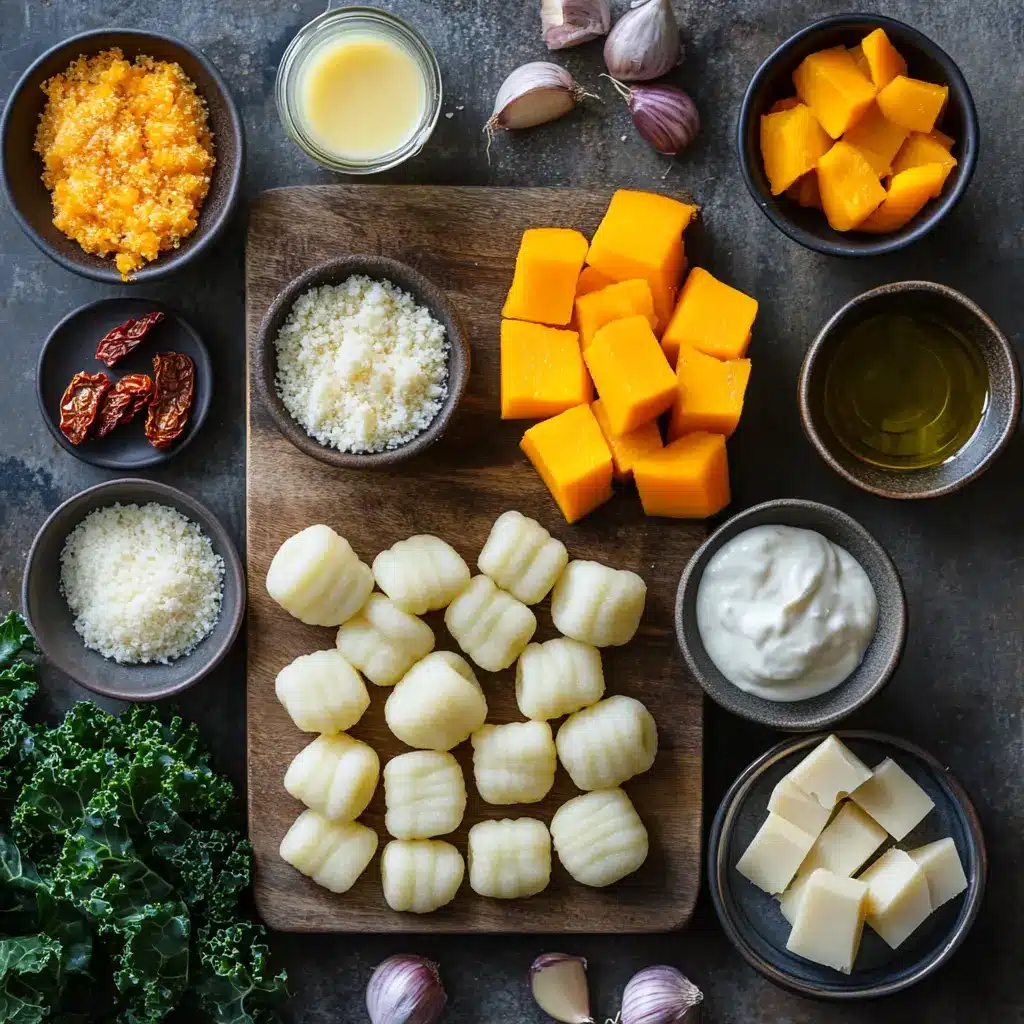A warm bowl of Savory Butternut Squash Gnocchi Soup, garnished with fresh herbs, against a clean backdrop.