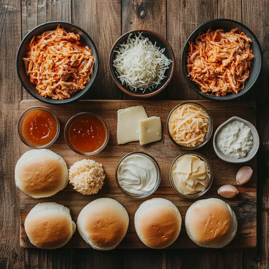SHEET PAN BUFFALO CHICKEN SLIDERS centered hero view, clean and uncluttered