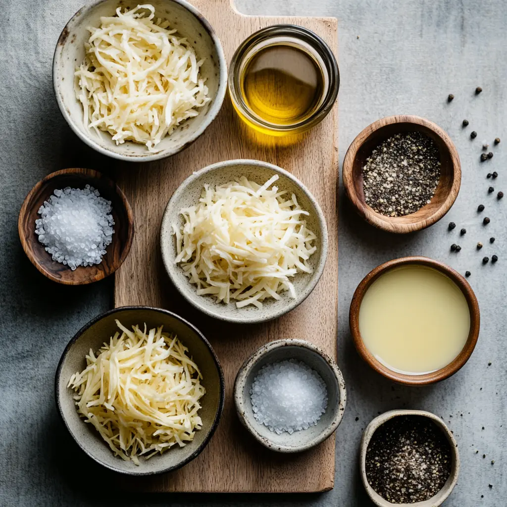 Ingredients for SHREDDED HASHBROWNS IN AIR FRYER, centered hero view, clean and uncluttered