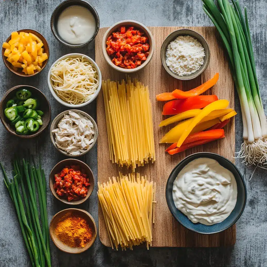 SPICY SOUTHERN CHEESY CHICKEN SPAGHETTI CASSEROLE centered hero view, clean and uncluttered