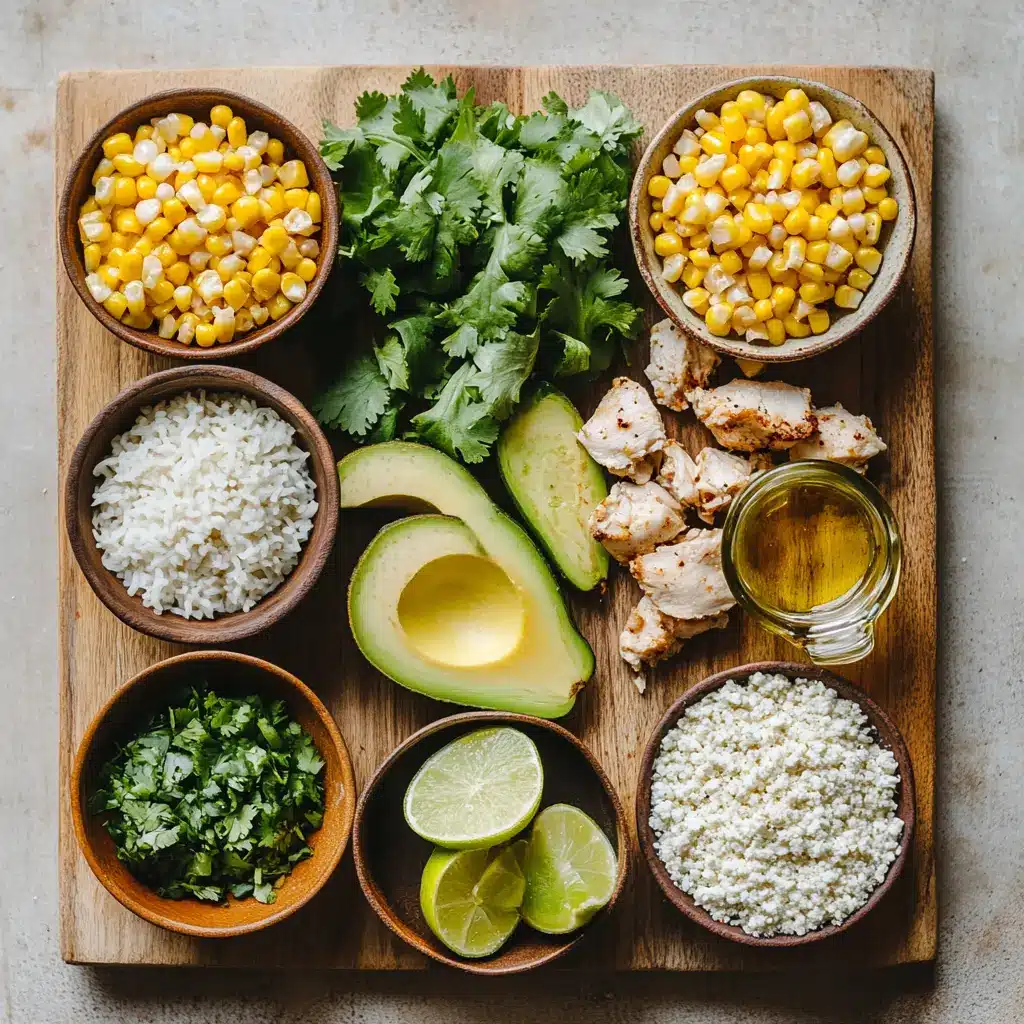 A flat lay of fresh ingredients for a Street Corn Chicken Rice Bowl including chicken breasts, ears of corn, a lime, cilantro, and cotija cheese.