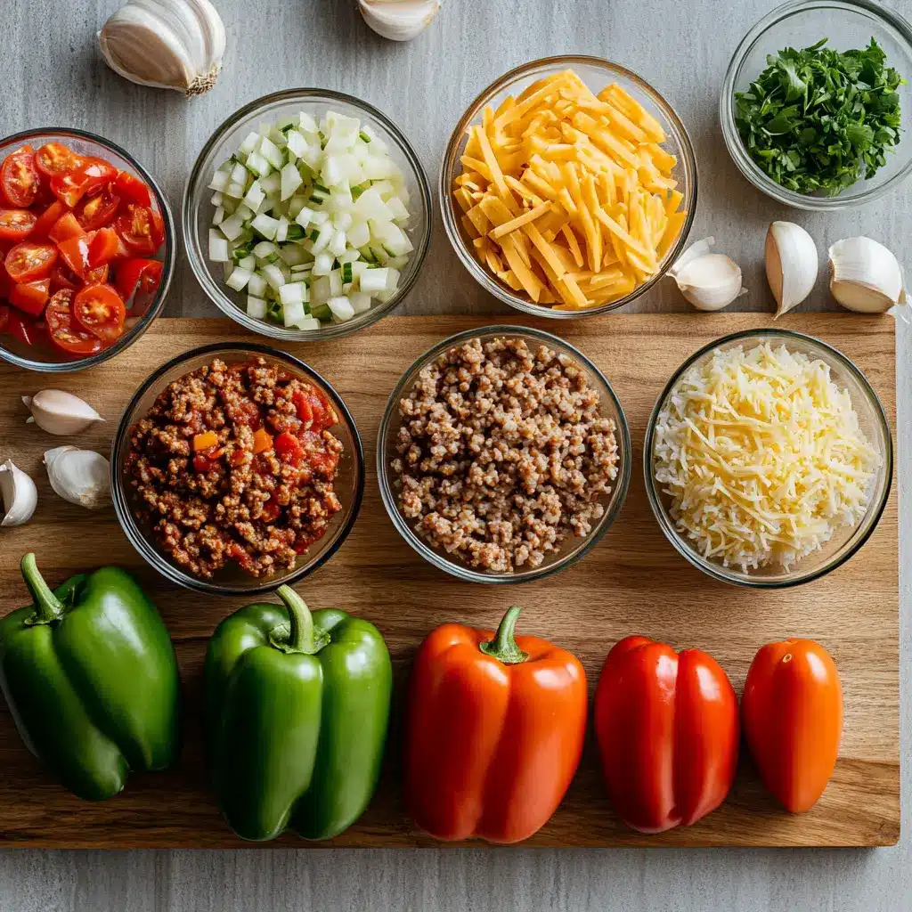 An assortment of fresh ingredients for Stuffed Peppers: colorful bell peppers, ground beef, cooked rice, tomato sauce, and cheese, arranged on a wooden board.