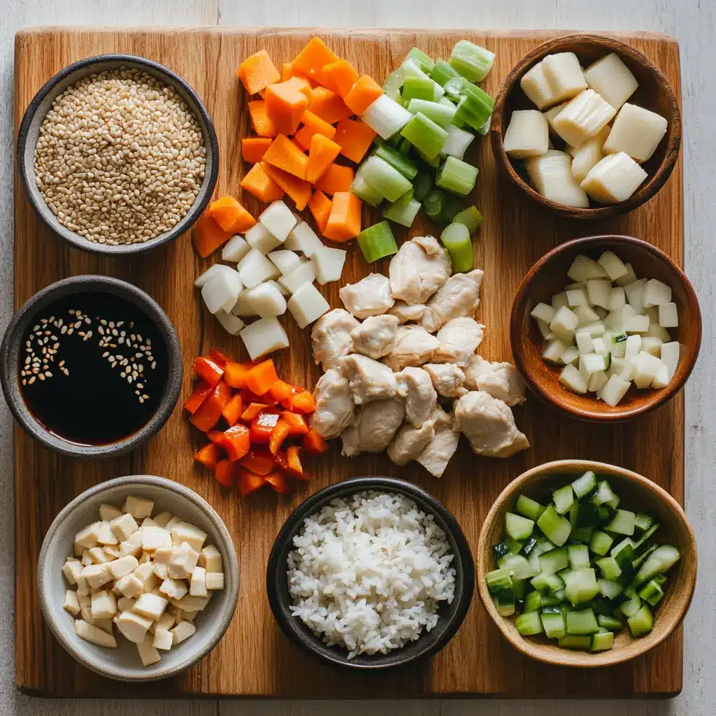 Ingredients for a Teriyaki Chicken Rice Bowl, showcasing cubed chicken, fresh ginger, garlic, and sauces arranged for cooking.