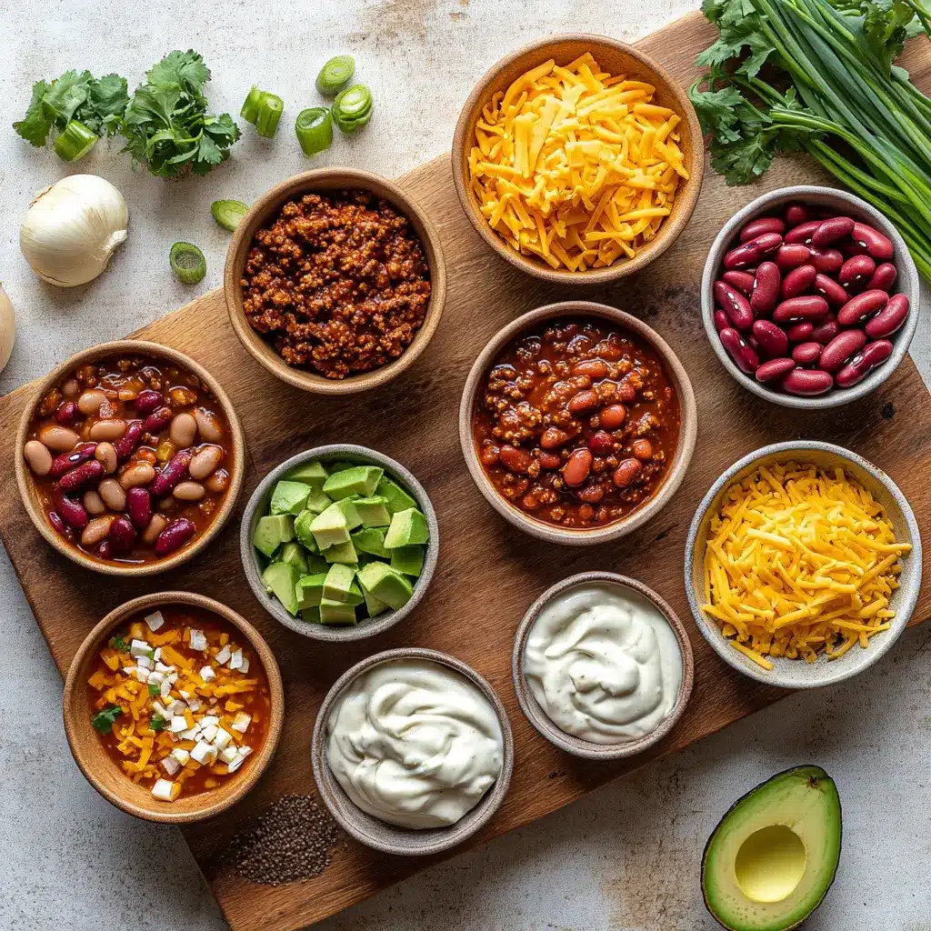 Overhead shot of ingredients for The Best Chili Recipe, including ground beef, beans, tomatoes, and spices, neatly arranged on a clean wooden surface.