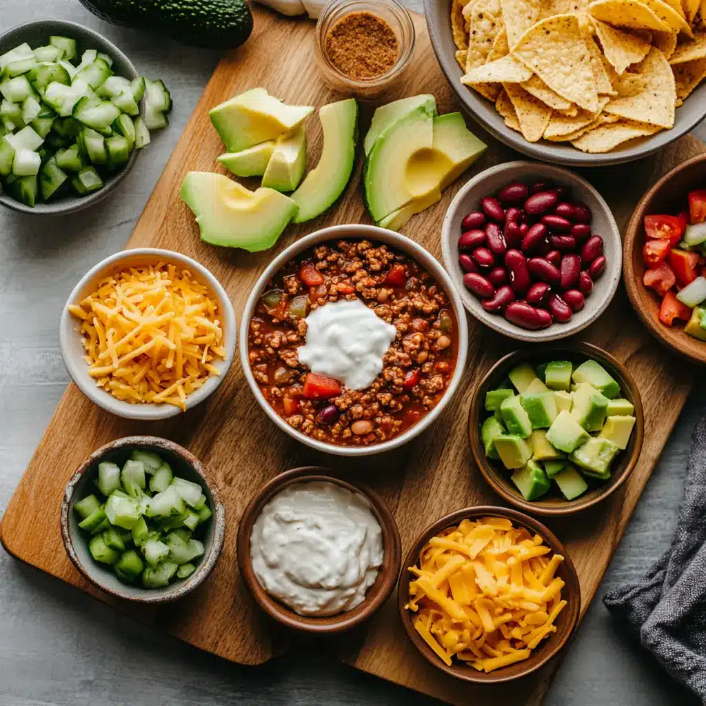 A comforting bowl of THE PIONEER WOMAN CHILI, garnished with cheese and fresh herbs, ready to be served.