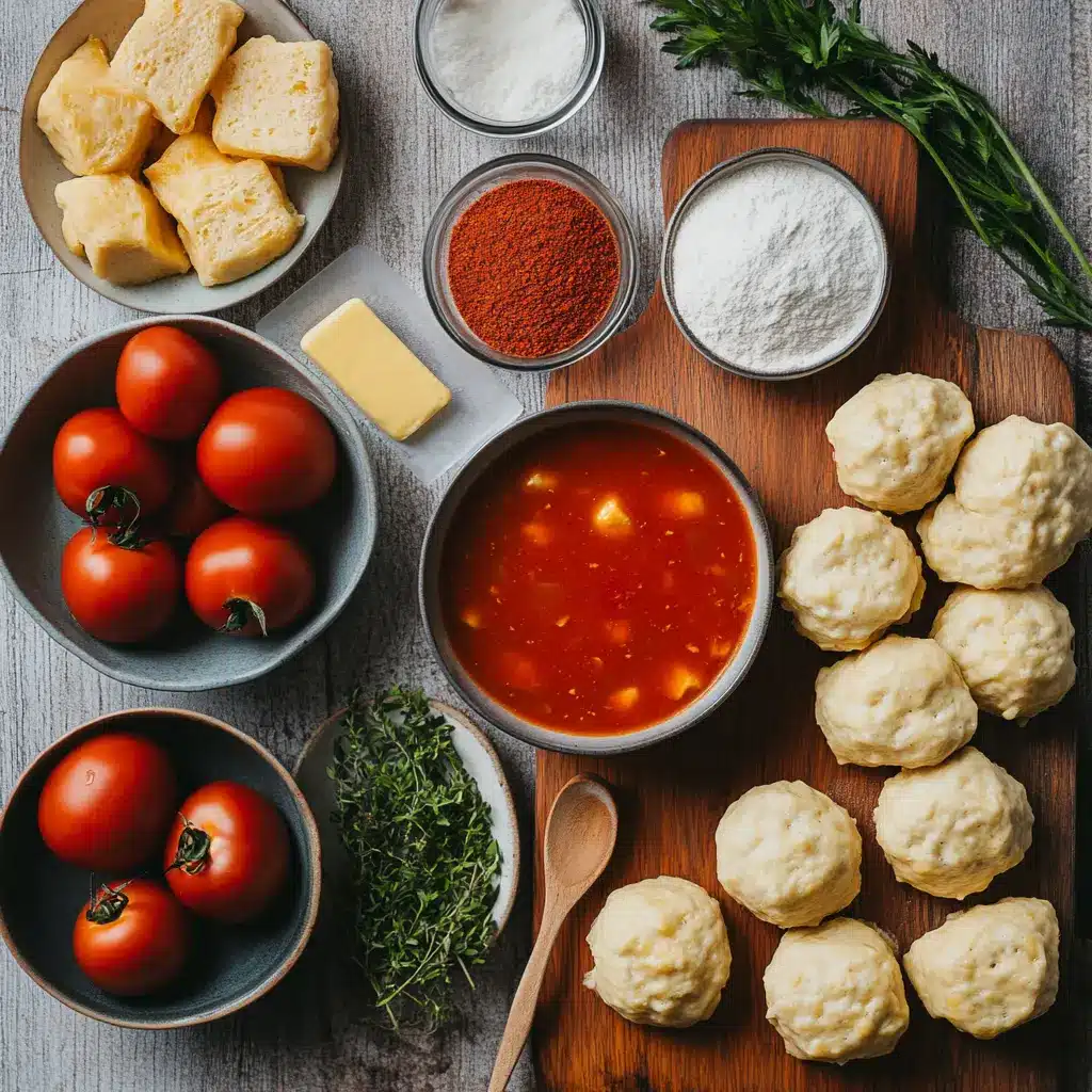 TOMATO SOUP WITH CHEDDAR BAY DUMPLINGS centered hero view, clean and uncluttered