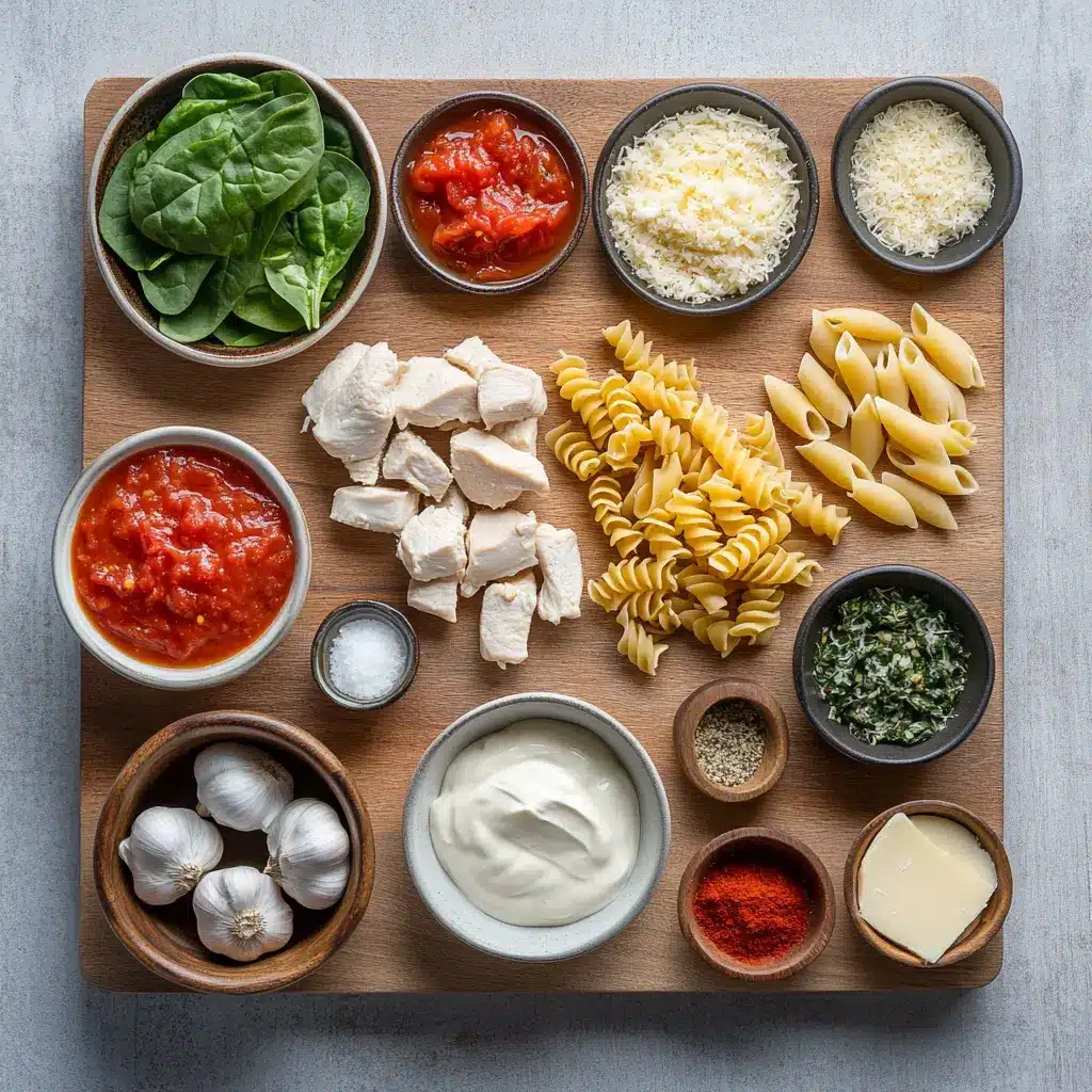 Tomato Spinach Chicken Pasta Recipe Easy and Delicious 3 Delicious Tomato Spinach Chicken Pasta in a bowl, garnished with fresh basil