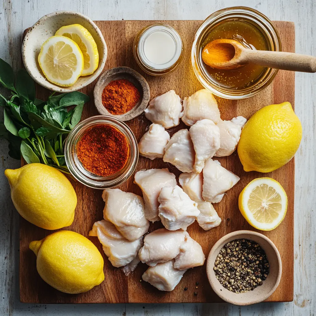 Ingredients for Yogurt Marinated Chicken, including Greek yogurt, lemon, garlic, herbs, and spices, neatly arranged for preparation.