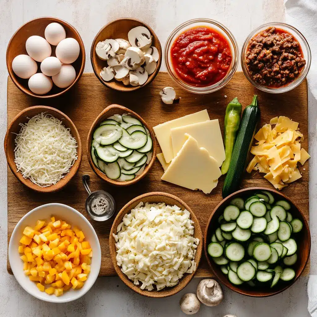 ZUCCHINI PIZZA CASSEROLE centered hero view, clean and uncluttered