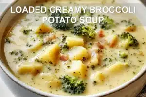 LOADED CREAMY BROCCOLI POTATO SOUP centered hero view, clean and uncluttered