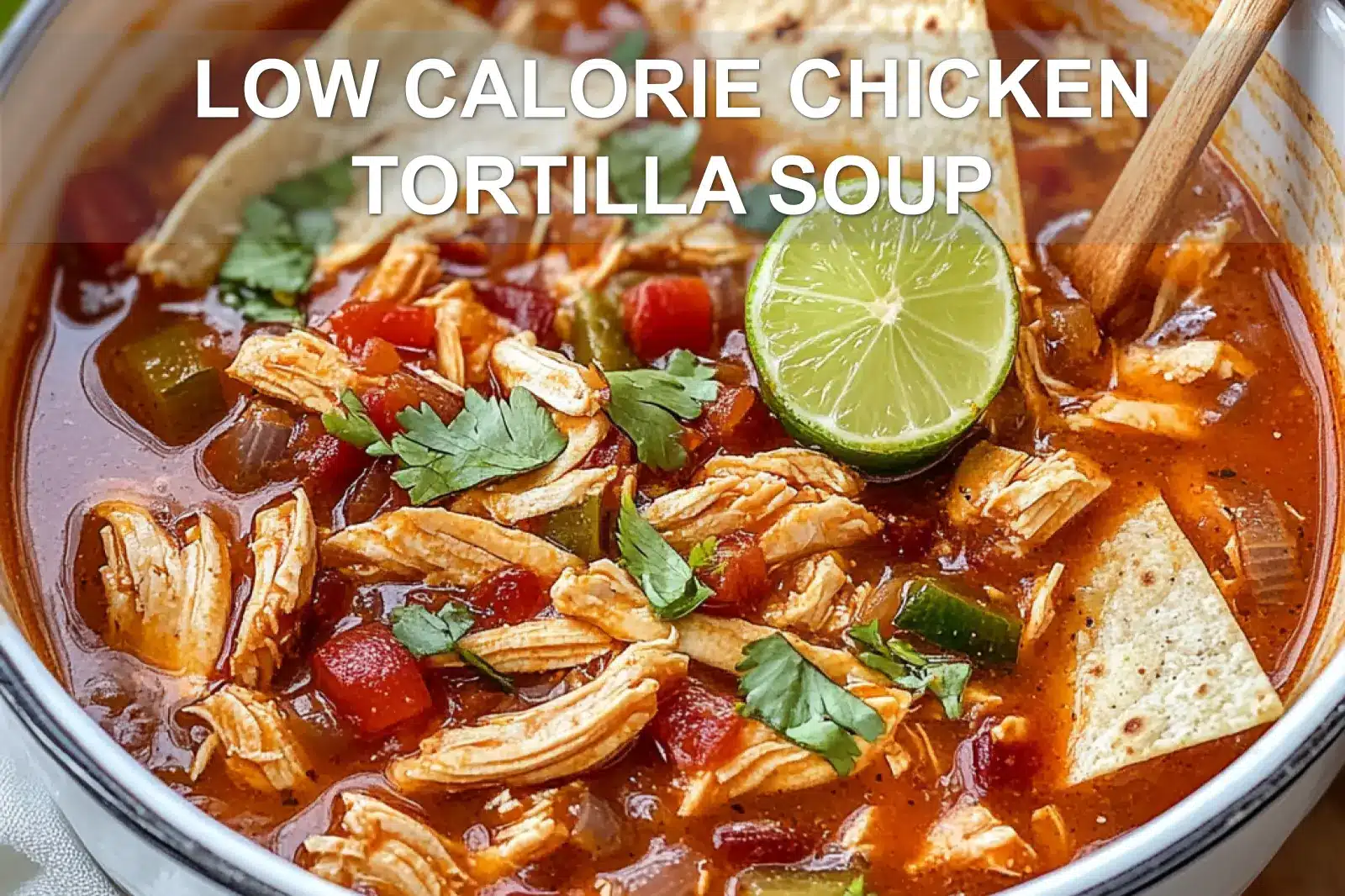 LOW CALORIE CHICKEN TORTILLA SOUP centered hero view, clean and uncluttered