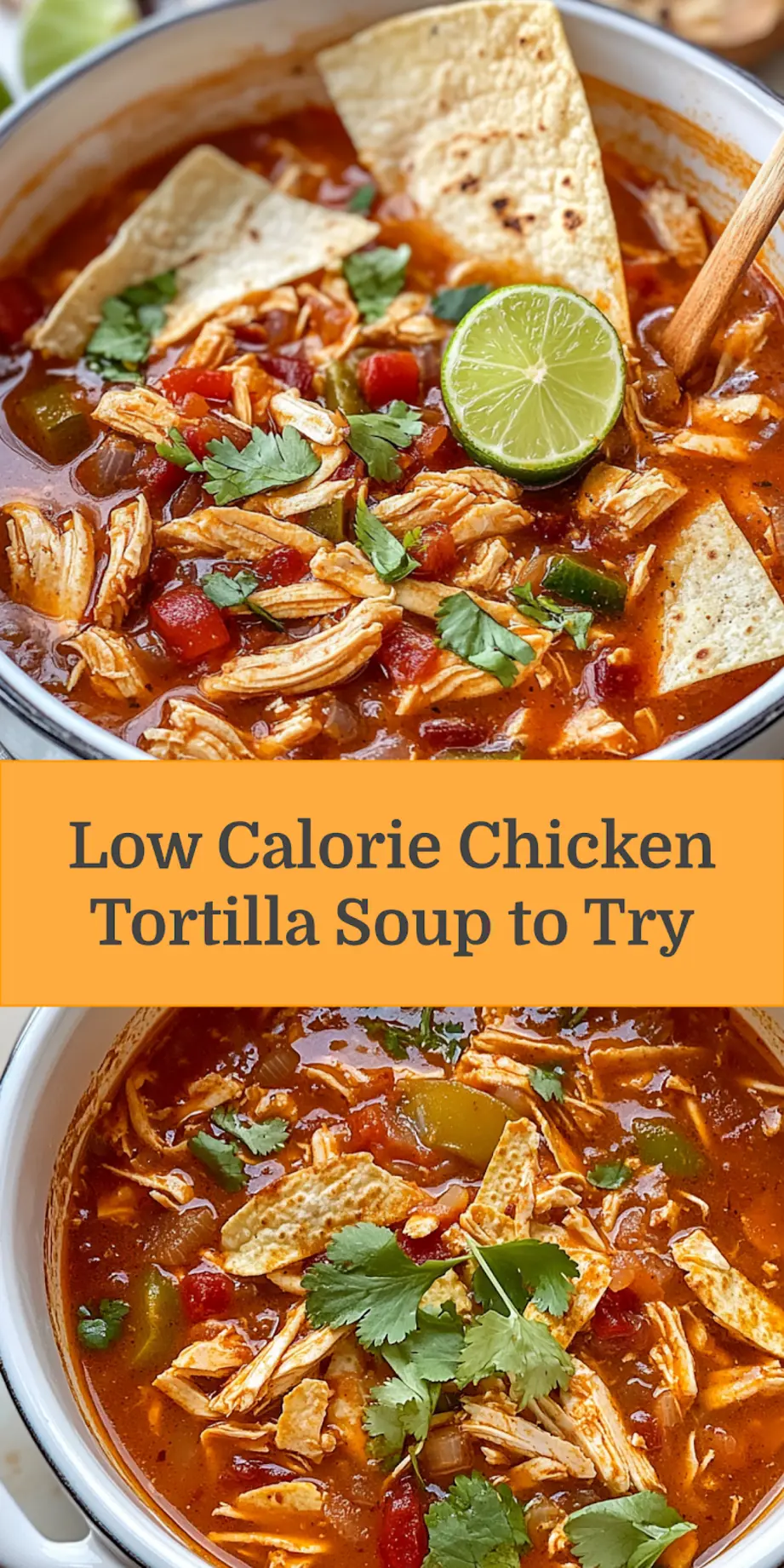 LOW CALORIE CHICKEN TORTILLA SOUP centered hero view, clean and uncluttered_pin