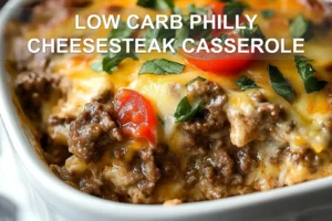 LOW CARB PHILLY CHEESESTEAK CASSEROLE centered hero view, clean and uncluttered