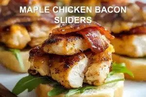 MAPLE CHICKEN BACON SLIDERS centered hero view, clean and uncluttered