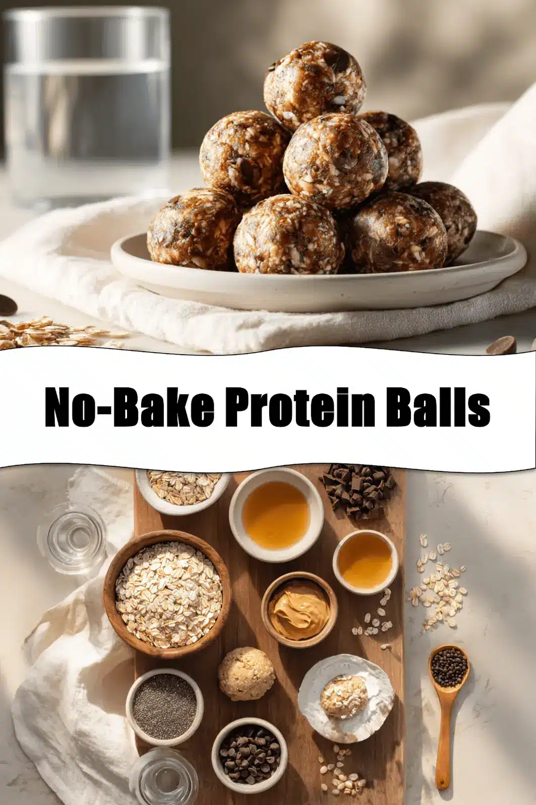 A vibrant close-up of finished No Bake Protein Balls, perfectly round and coated with mini chocolate chips, arranged appealingly for a social media share.