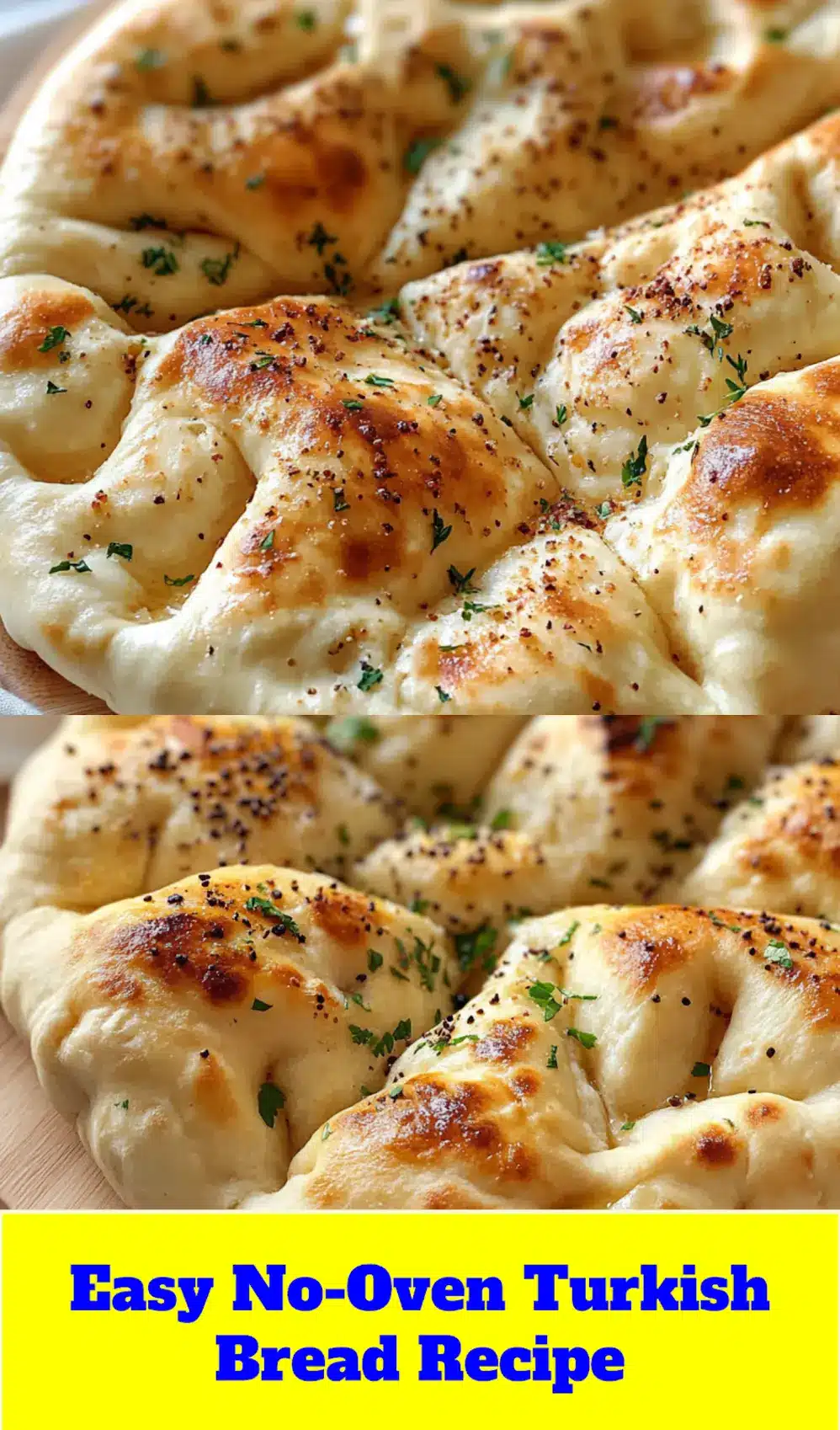 Pinterest pin image: A warm stack of No-Oven Turkish Bread (Bazlama) on a rustic wooden board, ready to be served.