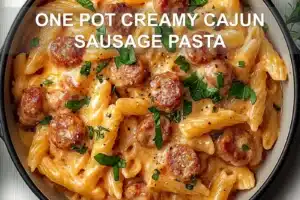 ONE POT CREAMY CAJUN SAUSAGE PASTA centered hero view, clean and uncluttered