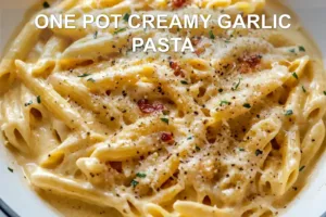 ONE POT CREAMY GARLIC PASTA centered hero view, clean and uncluttered