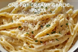 ONE POT CREAMY GARLIC PASTA centered hero view, clean and uncluttered