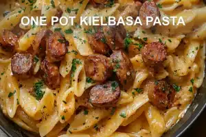 ONE POT KIELBASA PASTA centered hero view, clean and uncluttered