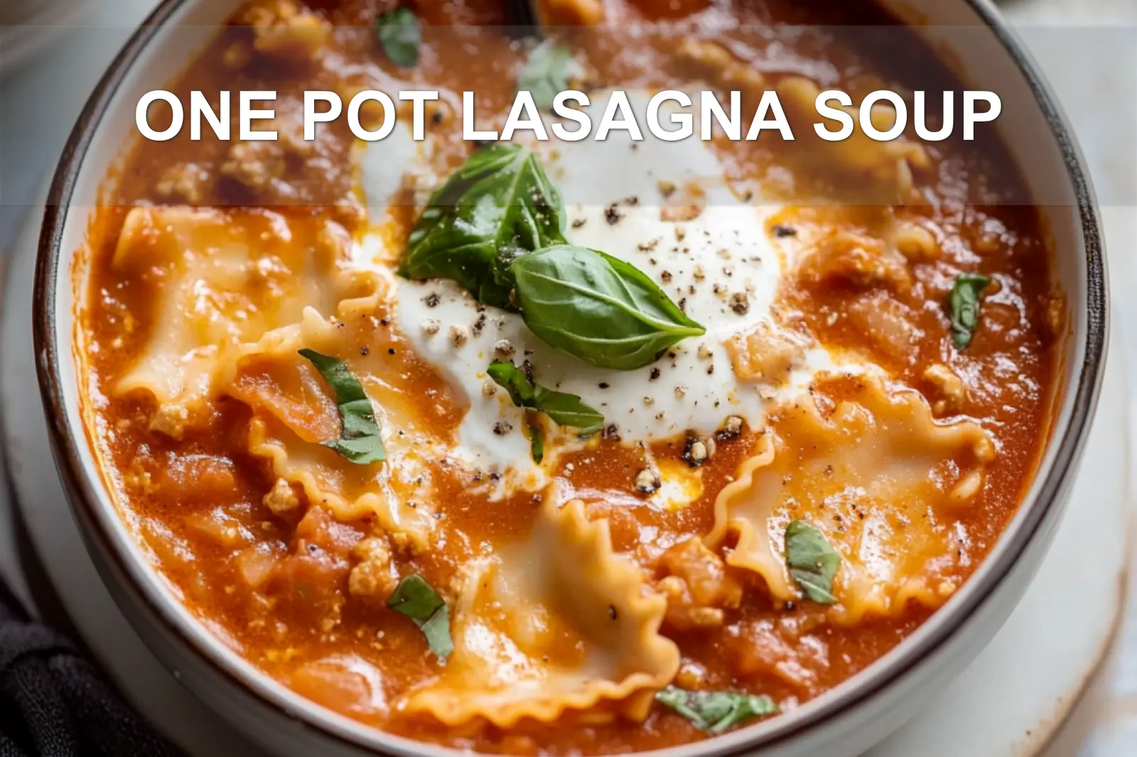 ONE POT LASAGNA SOUP centered hero view, clean and uncluttered