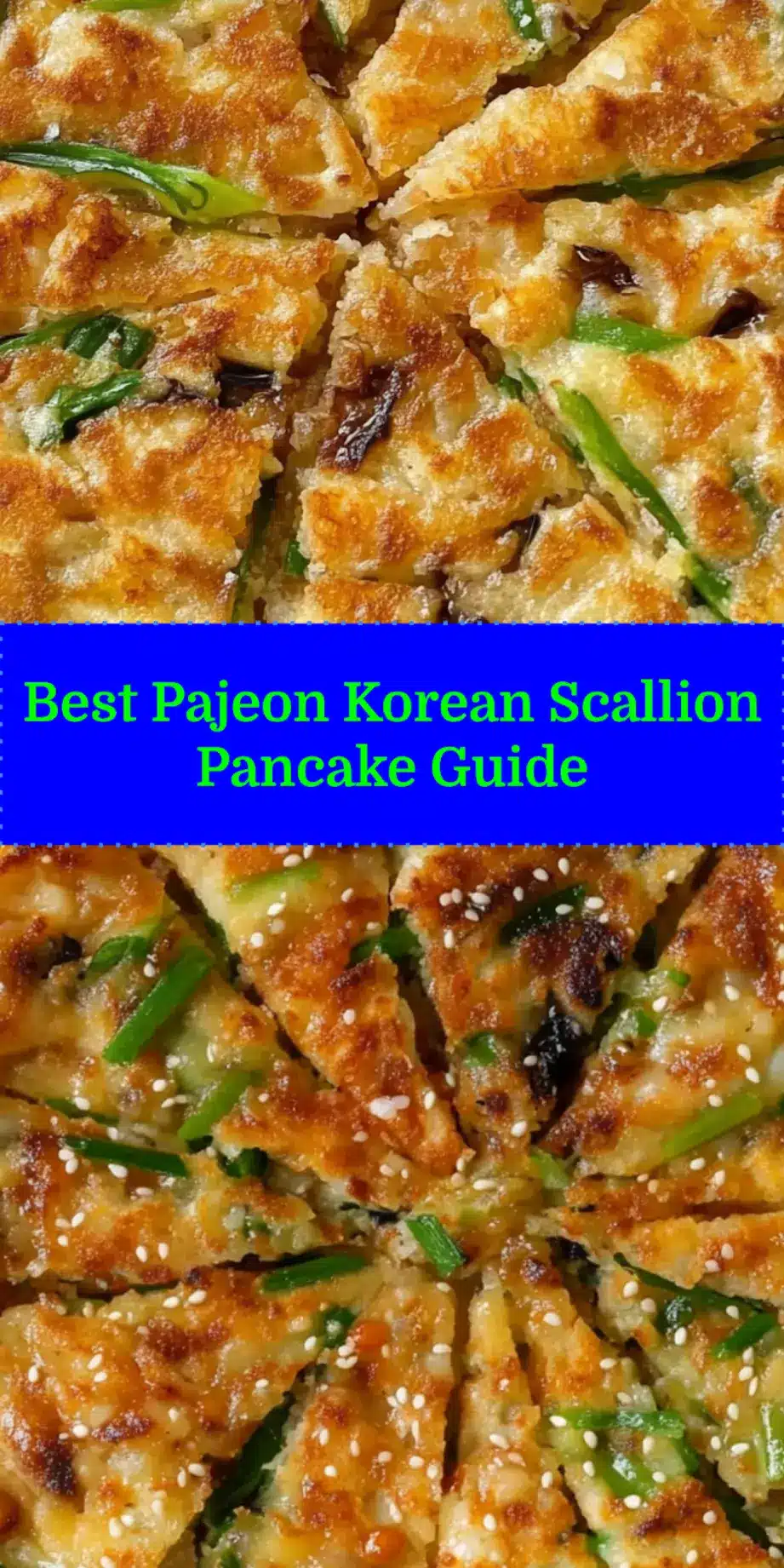 Golden-brown Pajeon Korean Scallion Pancake sliced on a wooden board with dipping sauce, ready to serve.