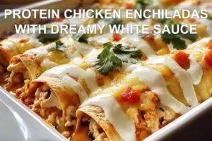 PROTEIN CHICKEN ENCHILADAS WITH DREAMY WHITE SAUCE centered hero view, clean and uncluttered