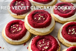 RED VELVET CUPCAKE COOKIES centered hero view, clean and uncluttered